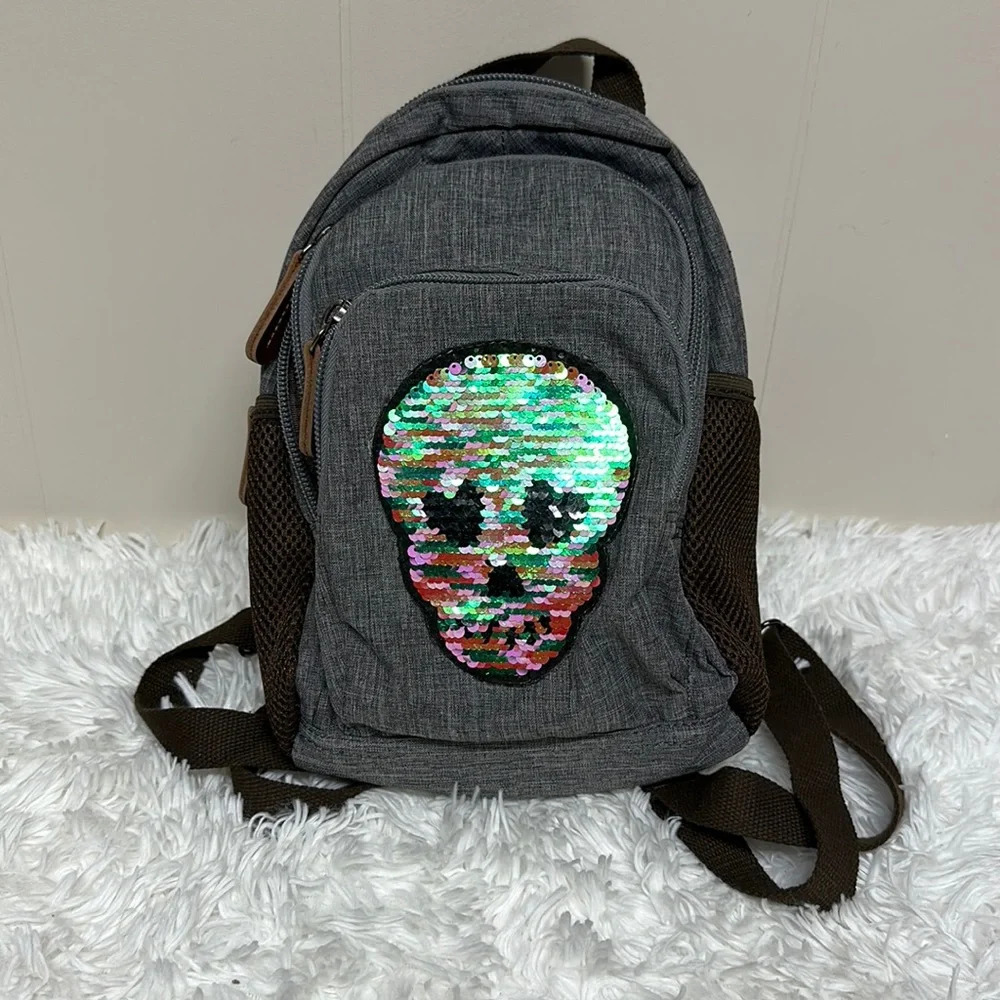 Nwot Small Canvas Backpack With Sequined Skull - image 1